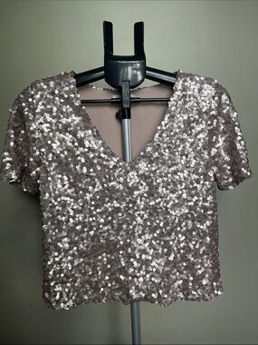 Socialite Short Sleeve Blush Pink Sequin V-Neck Top - Size Small